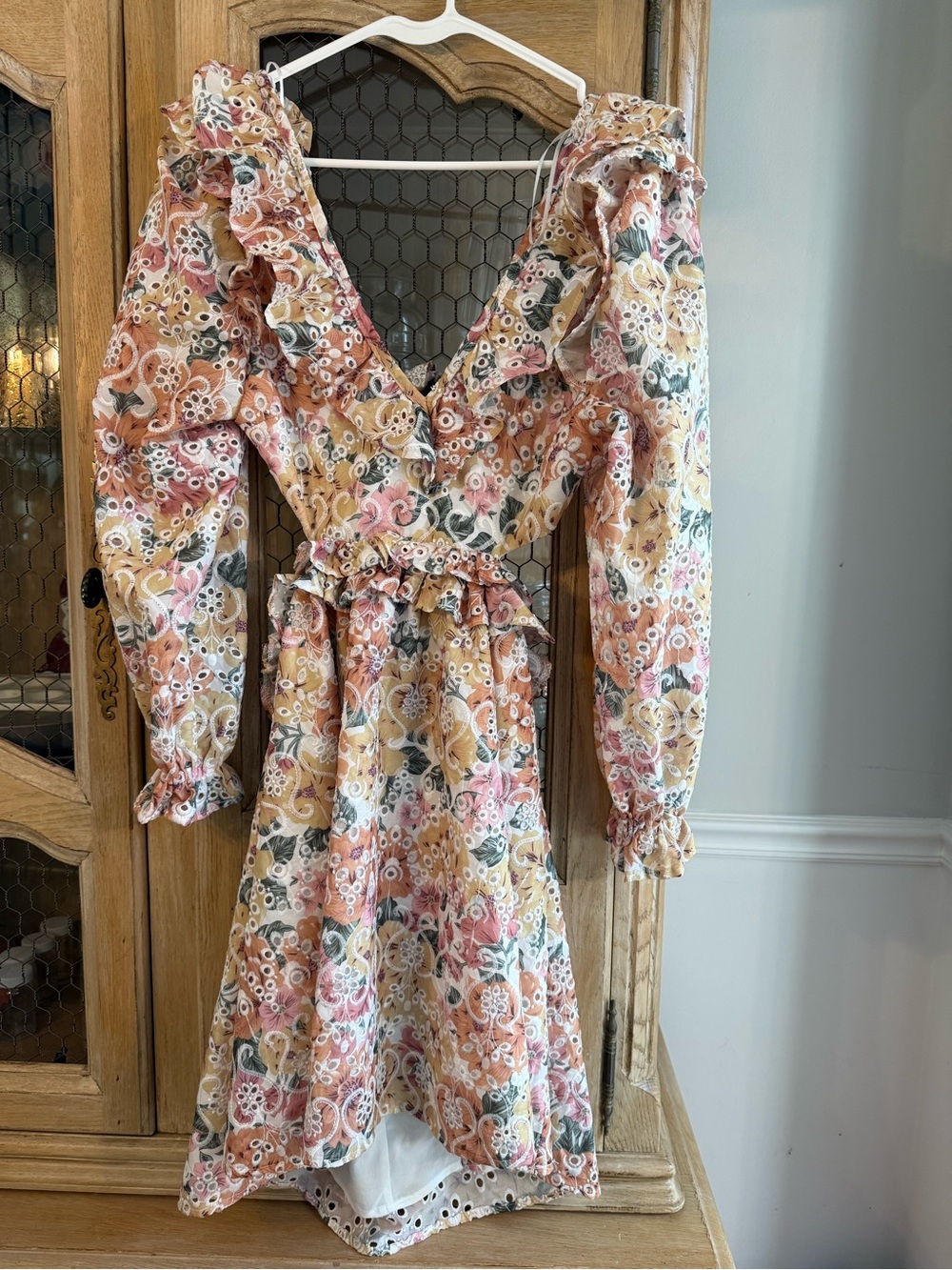 NWT En Saison Floral Eyelet Dress with Ruffle Waist - Pink & Yellow